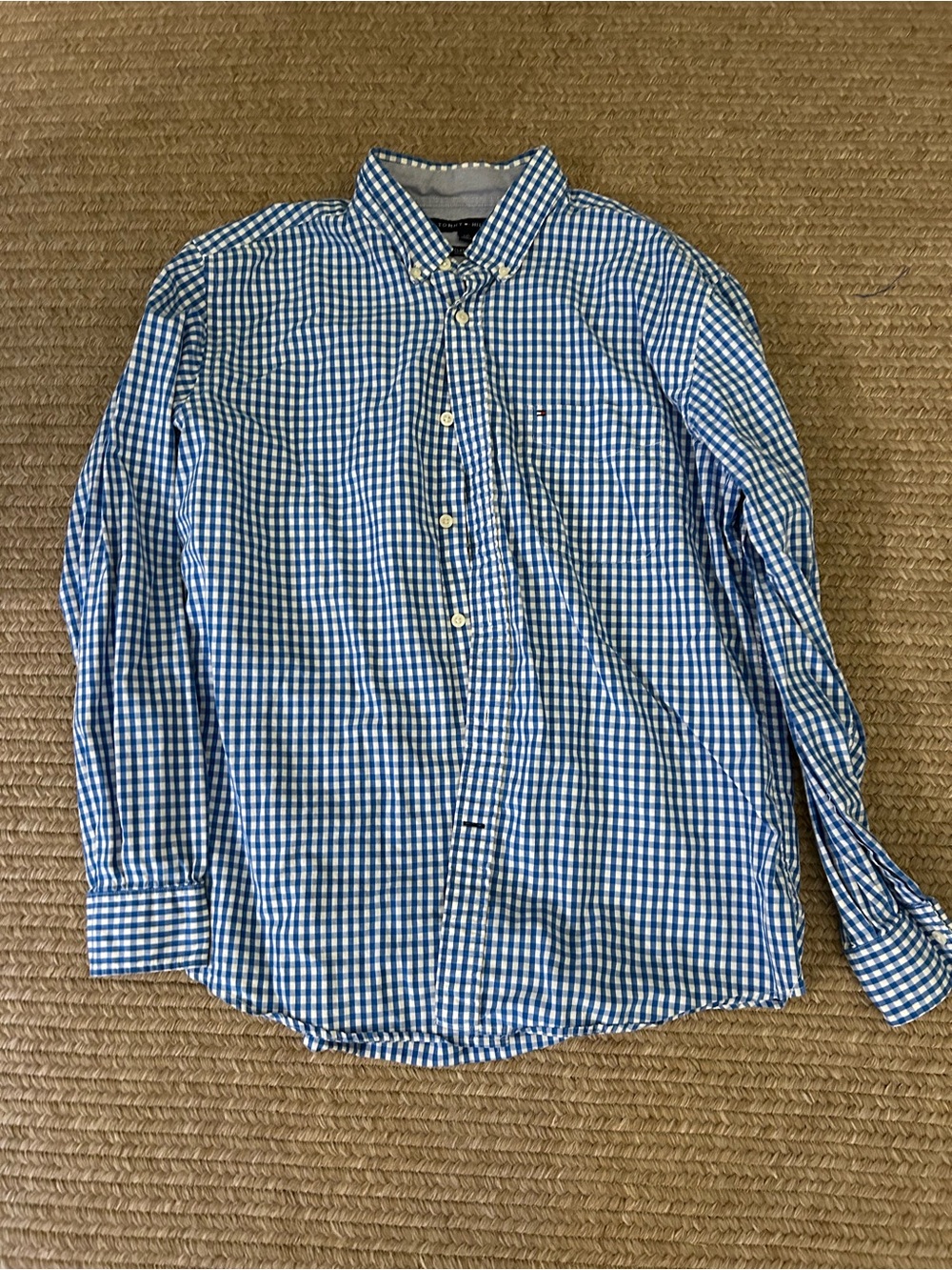 Tommy Hilfiger blue and white gingham long sleeve button down shirt, size large